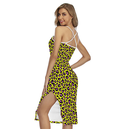 Yellow And Purple Leopard Pattern Print Cross Back Cami Dress