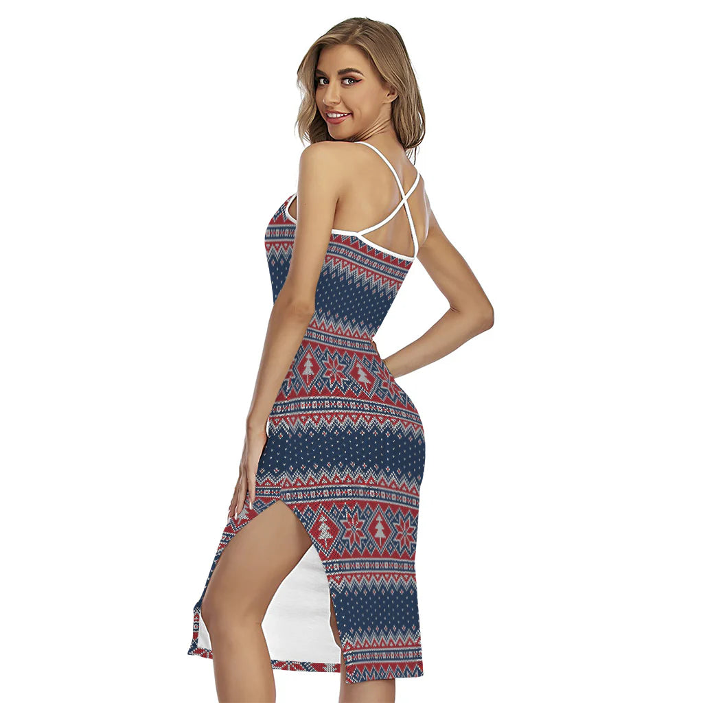 Winter Holiday Knitted Pattern Print Cross Back Cami Dress