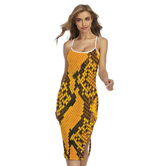 Yellow And Black Snakeskin Print Cross Back Cami Dress
