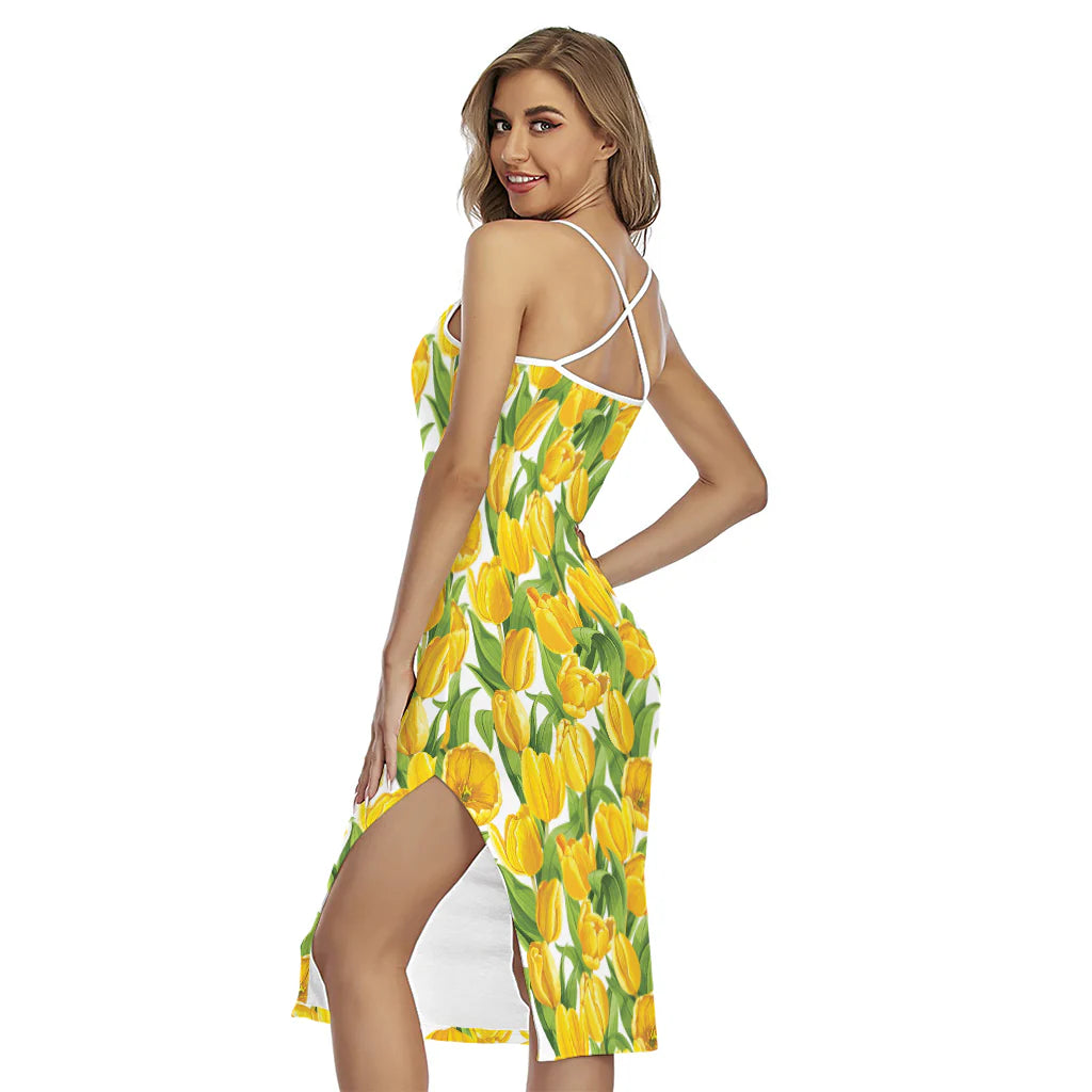 Yellow Spring Tulip Pattern Print Cross Back Cami Dress