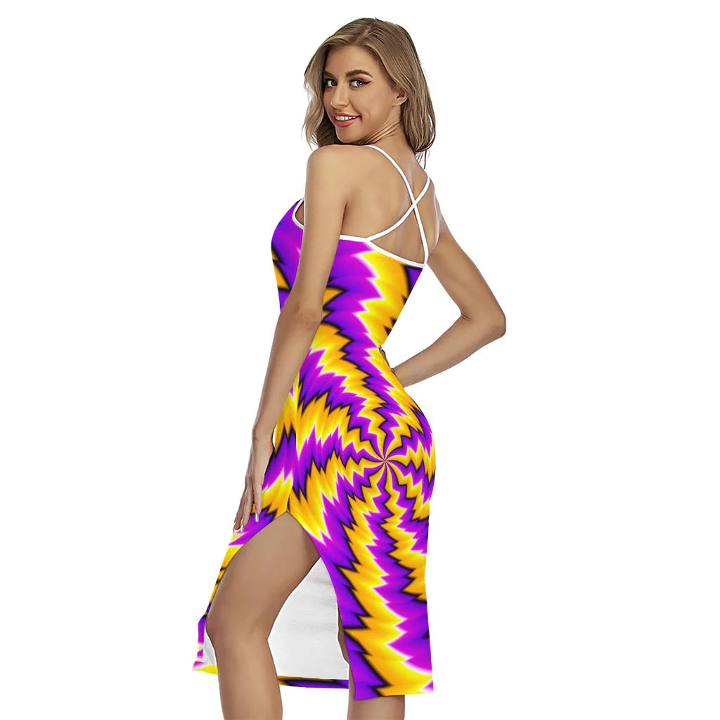 Yellow Vortex Moving Optical Illusion Cross Back Cami Dress