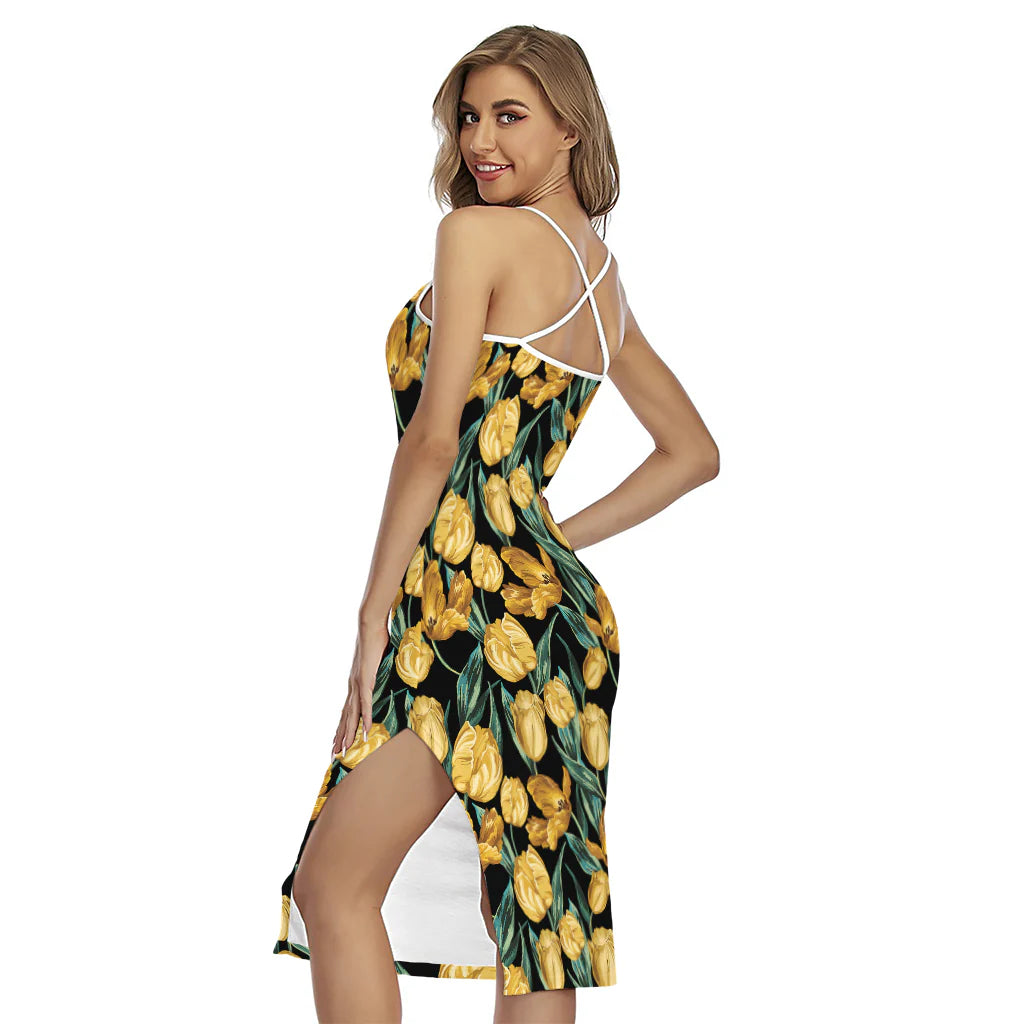 Yellow Tulip Floral Pattern Print Cross Back Cami Dress
