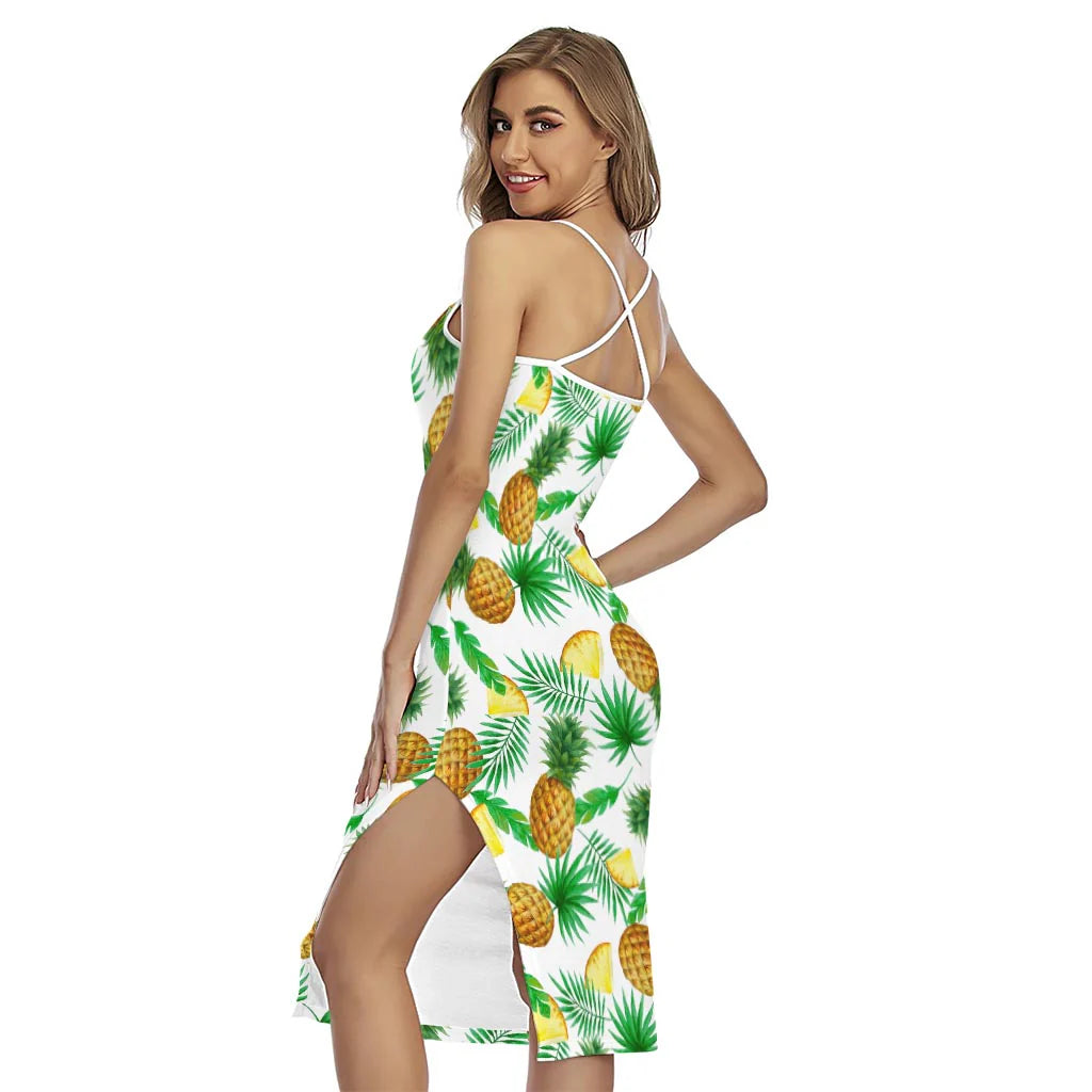 White Watercolor Pineapple Pattern Print Cross Back Cami Dress