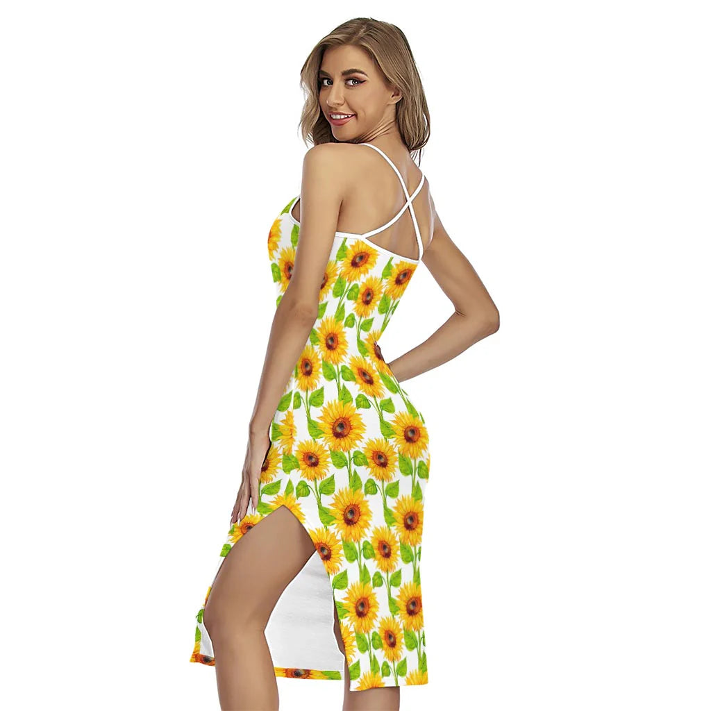 White Watercolor Sunflower Pattern Print Cross Back Cami Dress