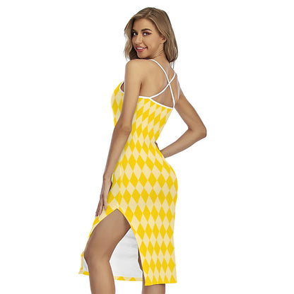 Yellow Harlequin Pattern Print Cross Back Cami Dress