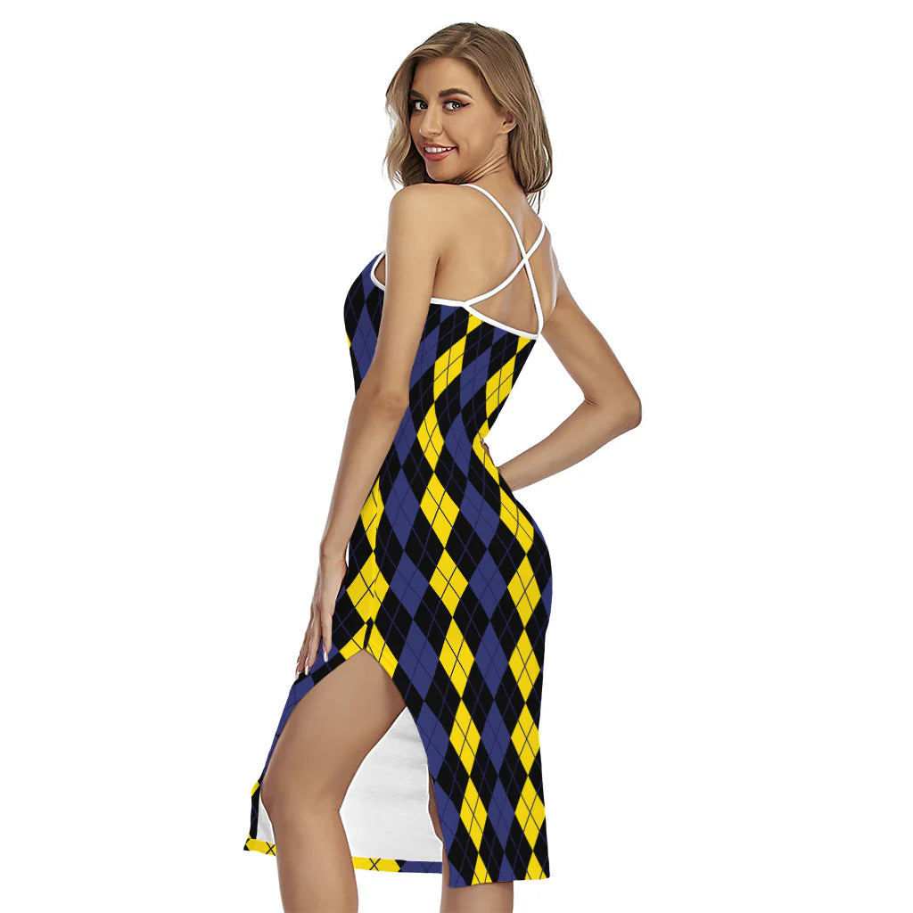 Yellow Black And Blue Argyle Print Cross Back Cami Dress