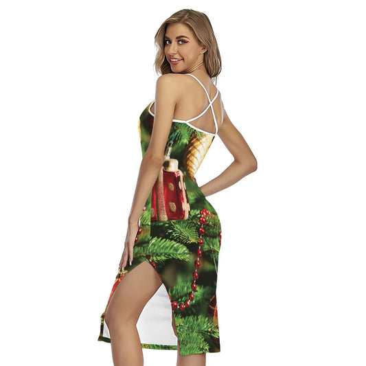 Xmas Tree Print Cross Back Cami Dress
