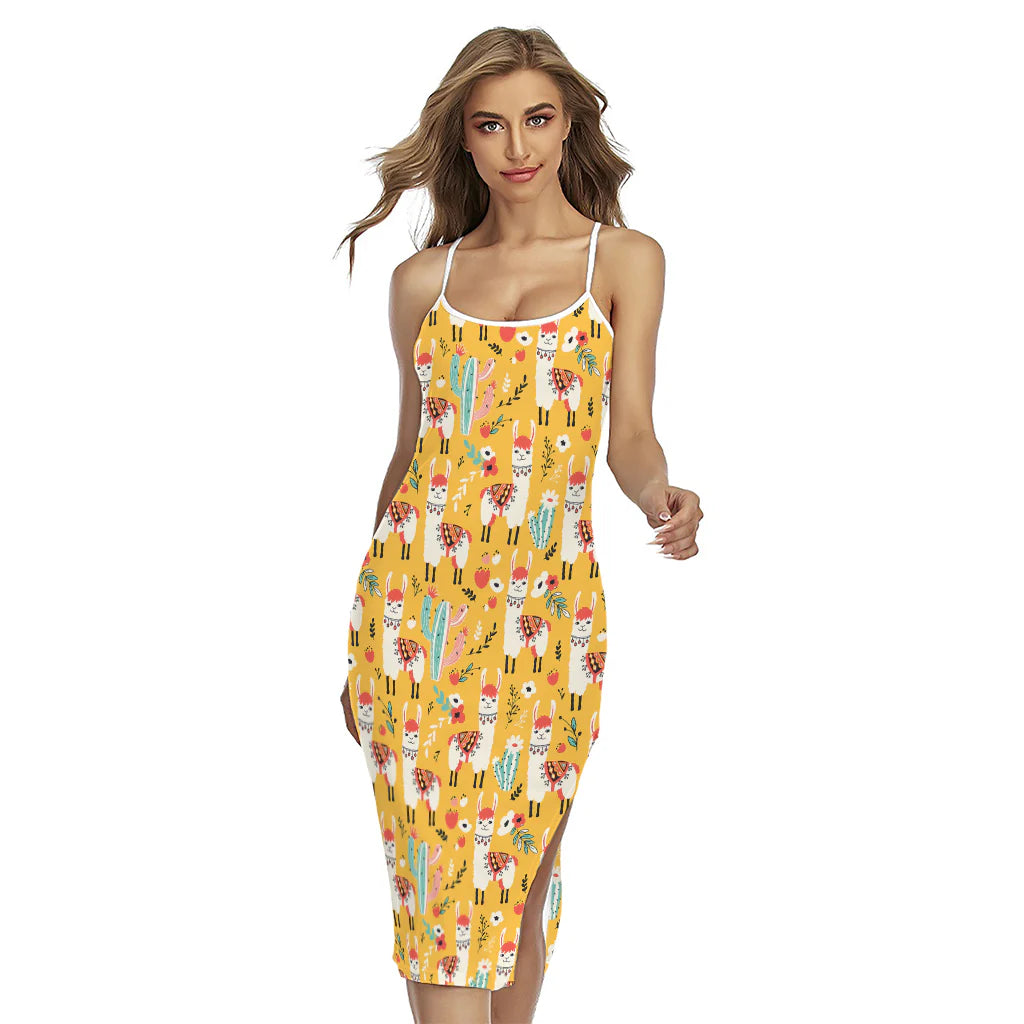 Yellow Llama Pattern Print Cross Back Cami Dress