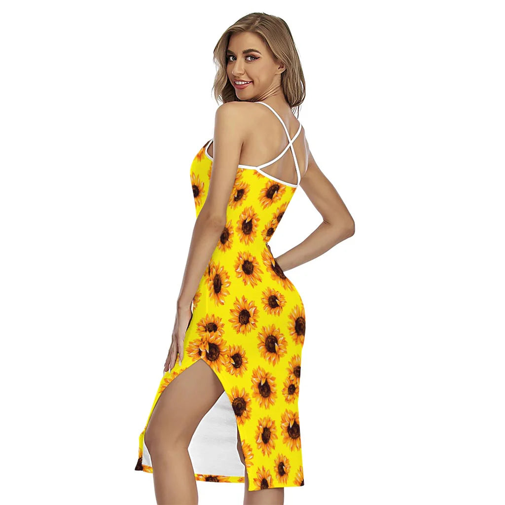 Yellow Sunflower Pattern Print Cross Back Cami Dress