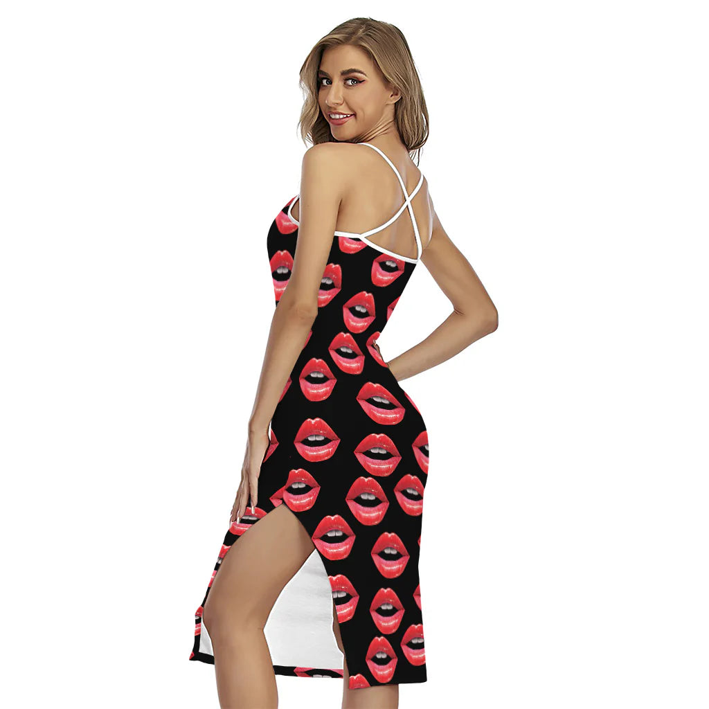 Women's Lips Pattern Print Cross Back Cami Dress