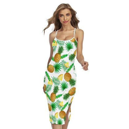White Watercolor Pineapple Pattern Print Cross Back Cami Dress