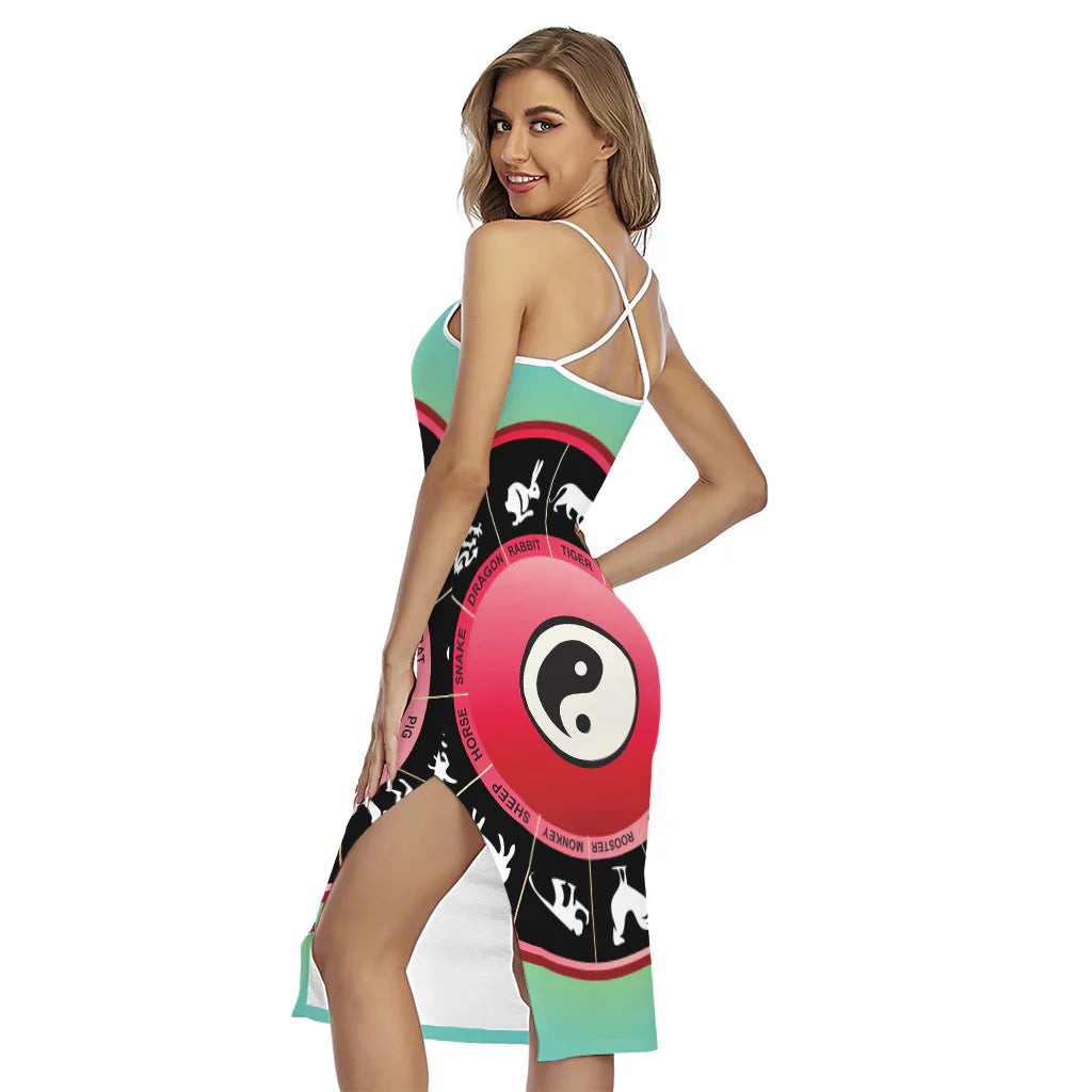 Yin Yang Chinese Zodiac Signs Print Cross Back Cami Dress