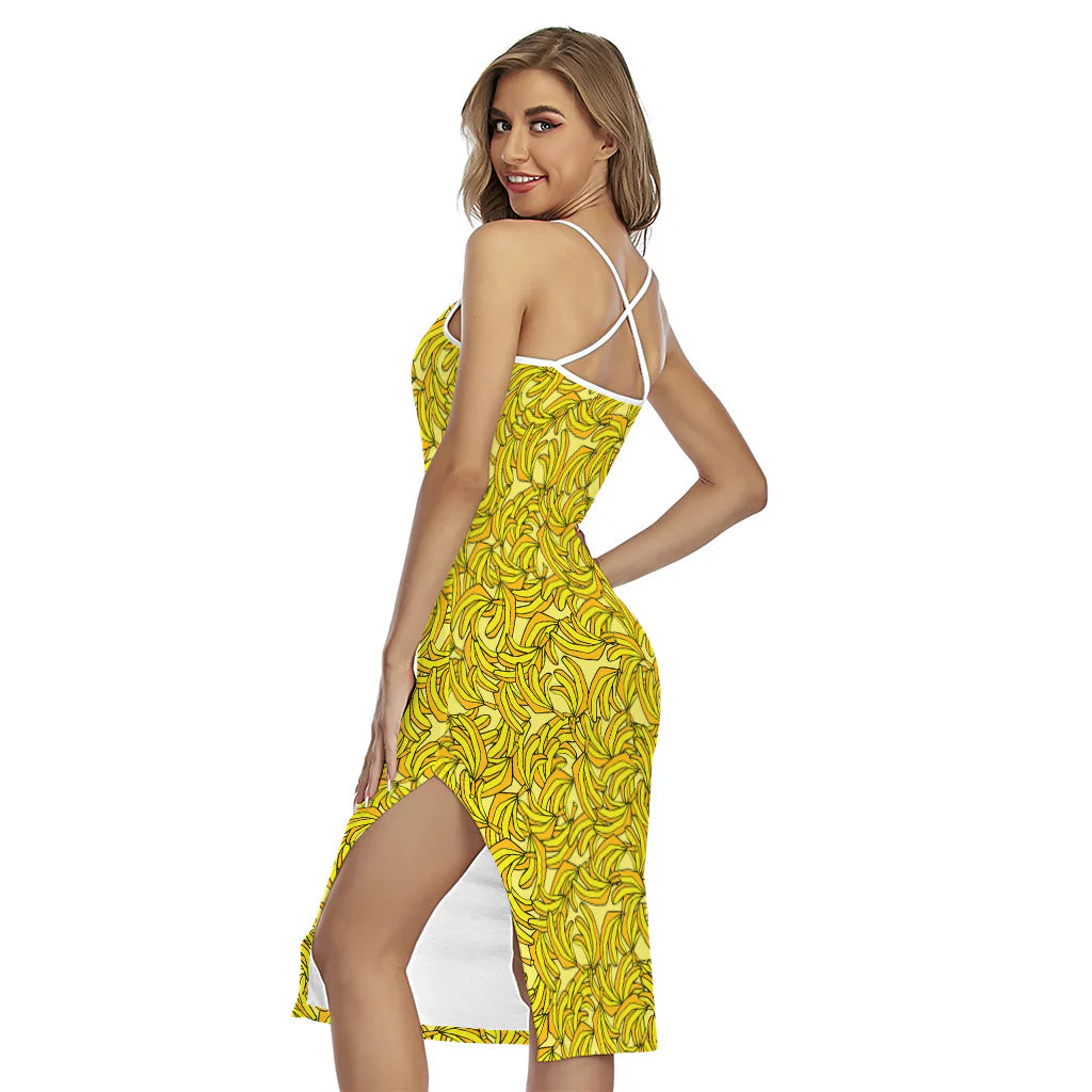 Yellow Geometric Banana Pattern Print Cross Back Cami Dress