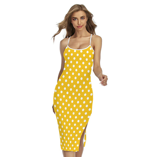 Yellow And White Polka Dot Pattern Print Cross Back Cami Dress