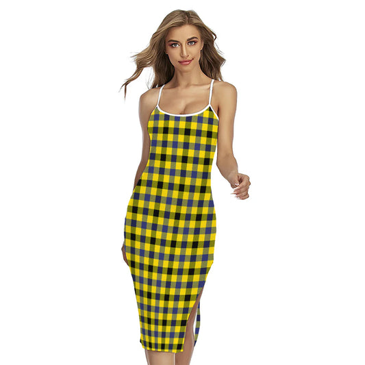 Yellow Black And Navy Plaid Print Cross Back Cami Dress