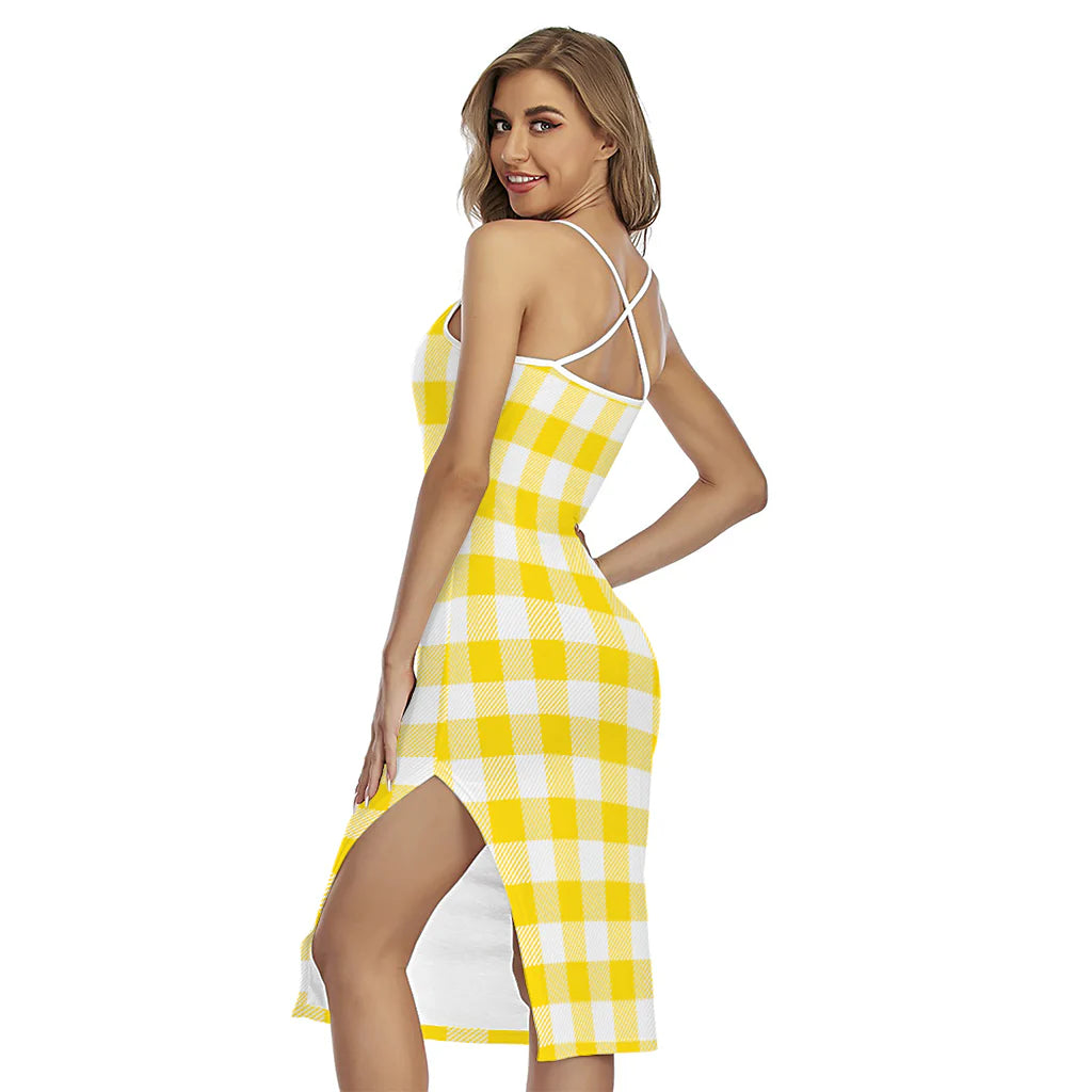 Yellow And White Buffalo Check Print Cross Back Cami Dress