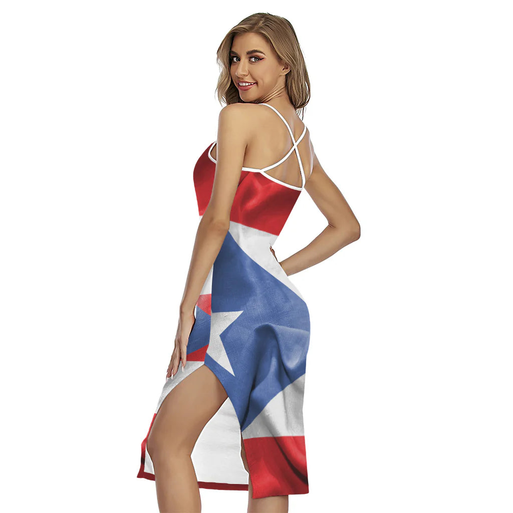 Wrinkled Puerto Rican Flag Print Cross Back Cami Dress