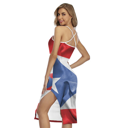 Wrinkled Puerto Rican Flag Print Cross Back Cami Dress