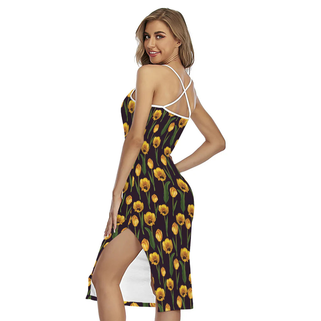 Yellow Tulip Flower Pattern Print Cross Back Cami Dress