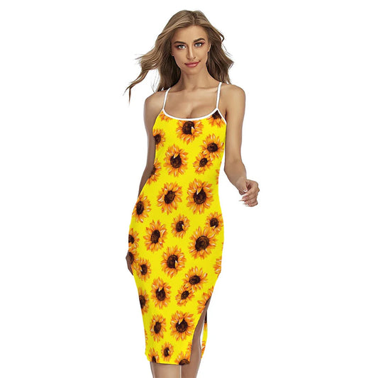 Yellow Sunflower Pattern Print Cross Back Cami Dress