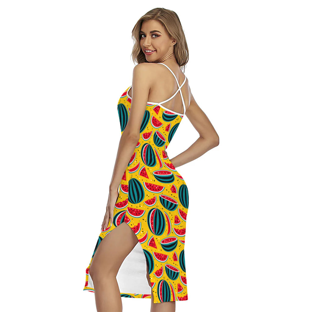 Yellow Watermelon Pieces Pattern Print Cross Back Cami Dress