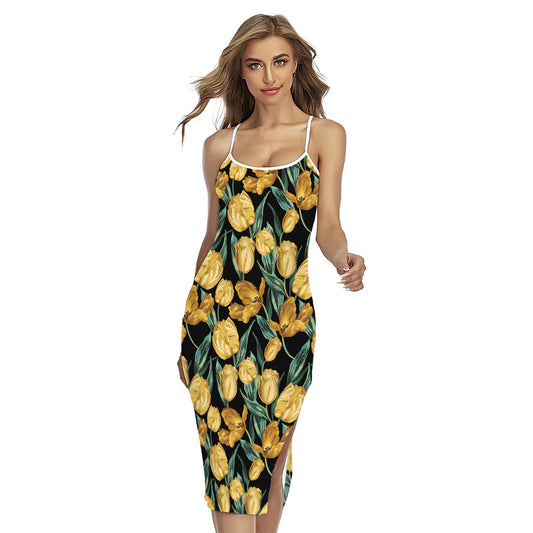 Yellow Tulip Floral Pattern Print Cross Back Cami Dress