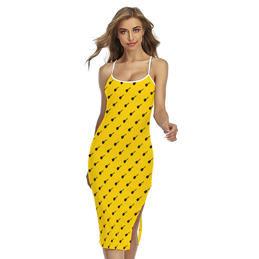 Yellow And Black Dart Pattern Print Cross Back Cami Dress
