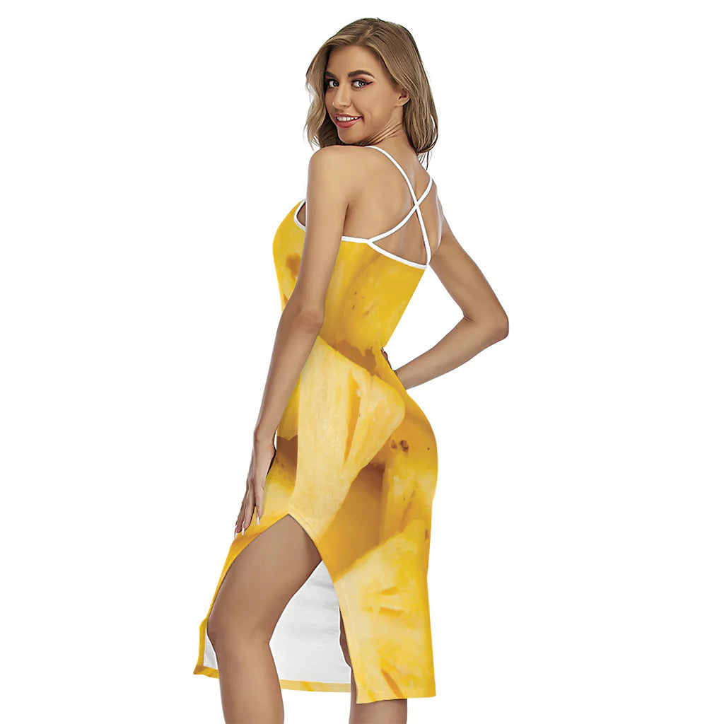 Yellow Pineapple Pieces Print Cross Back Cami Dress