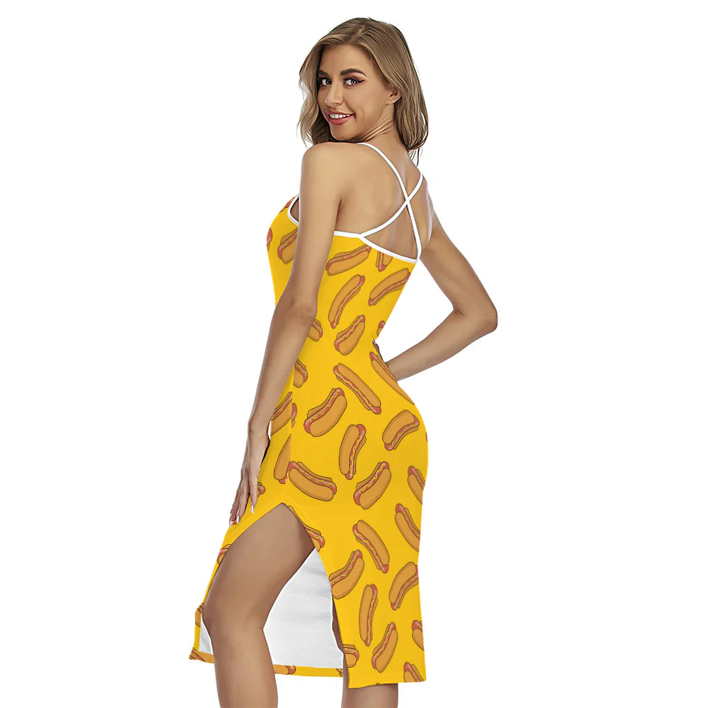 Yellow Hot Dog Pattern Print Cross Back Cami Dress