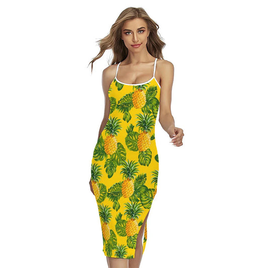 Yellow Tropical Pineapple Pattern Print Cross Back Cami Dress