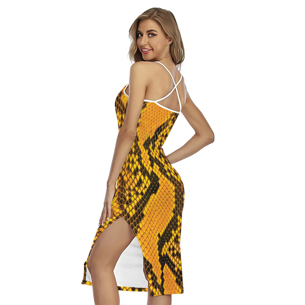 Yellow And Black Snakeskin Print Cross Back Cami Dress