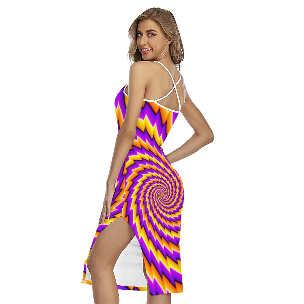Yellow Twisted Moving Optical Illusion Cross Back Cami Dress