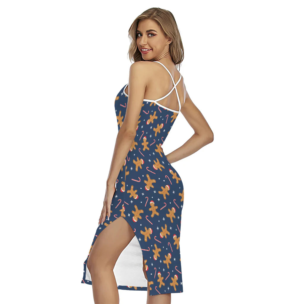 Xmas Gingerbread Man Pattern Print Cross Back Cami Dress
