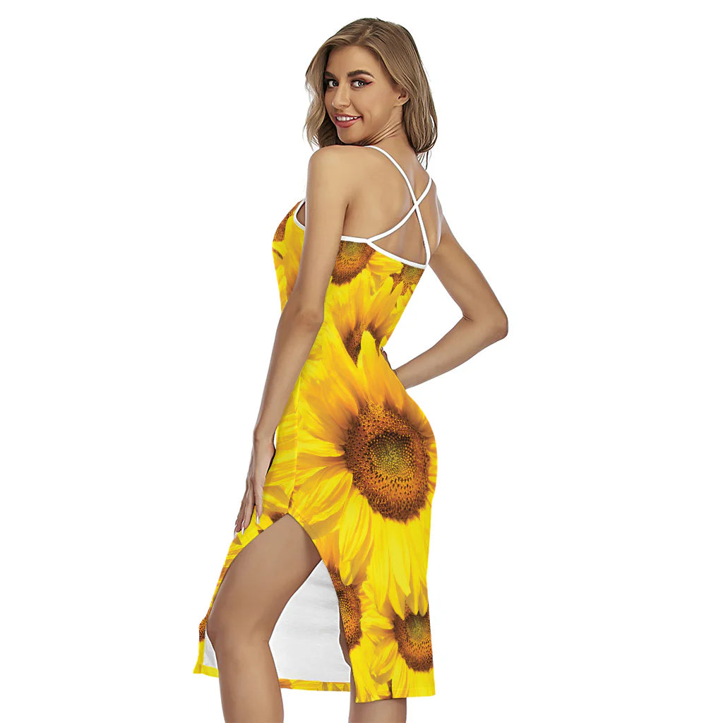 Yellow Sunflower Print Cross Back Cami Dress