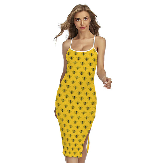 Yellow Bee Pattern Print Cross Back Cami Dress