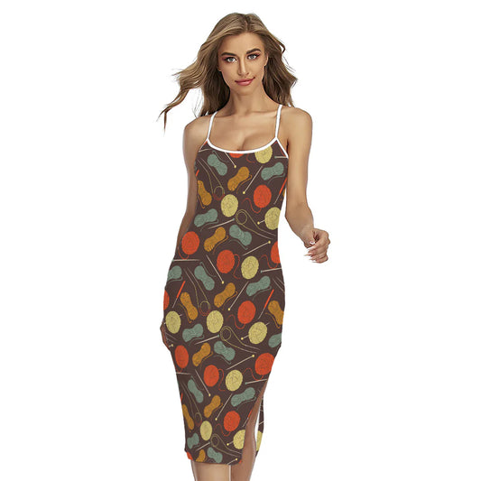 Yarn And Needle Pattern Print Cross Back Cami Dress