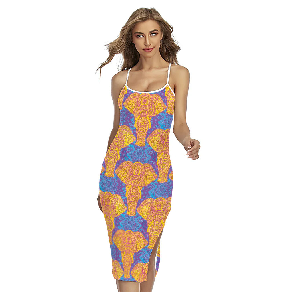 Yellow Mandala Elephant Pattern Print Cross Back Cami Dress