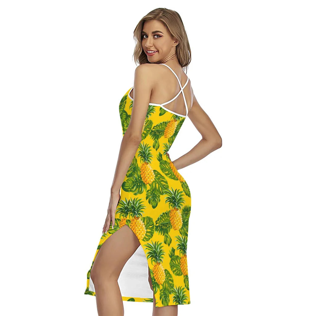 Yellow Tropical Pineapple Pattern Print Cross Back Cami Dress