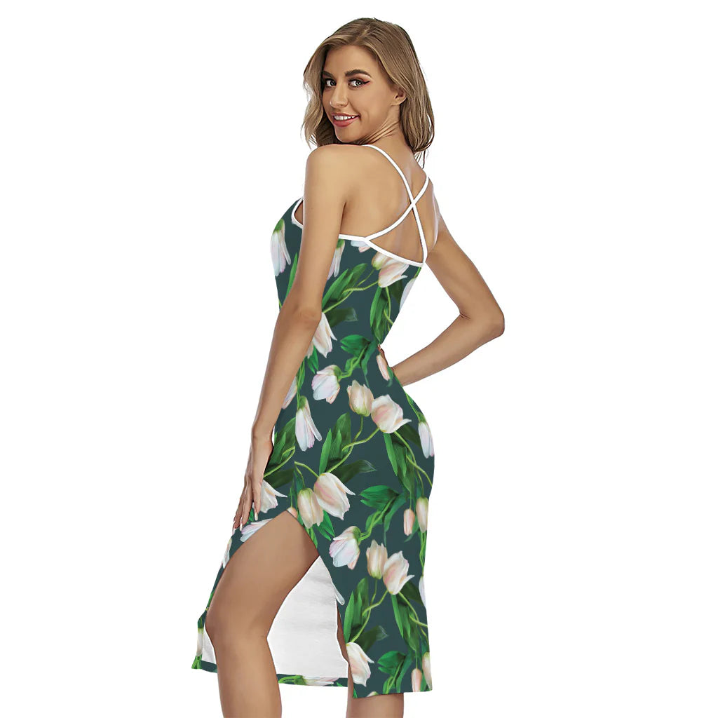 White Tulip Pattern Print Cross Back Cami Dress