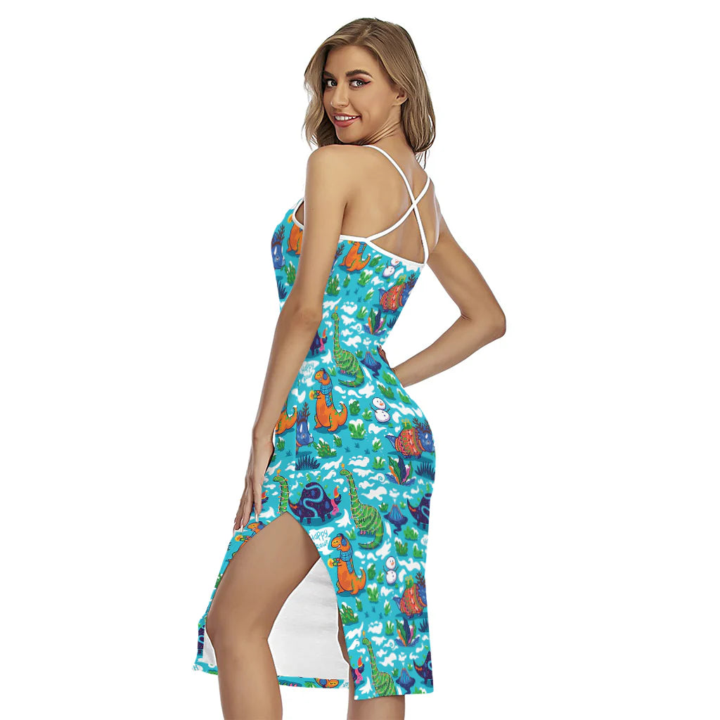 Xmas Dinosaur Pattern Print Cross Back Cami Dress