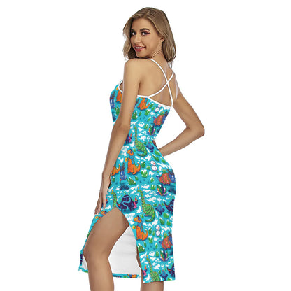 Xmas Dinosaur Pattern Print Cross Back Cami Dress