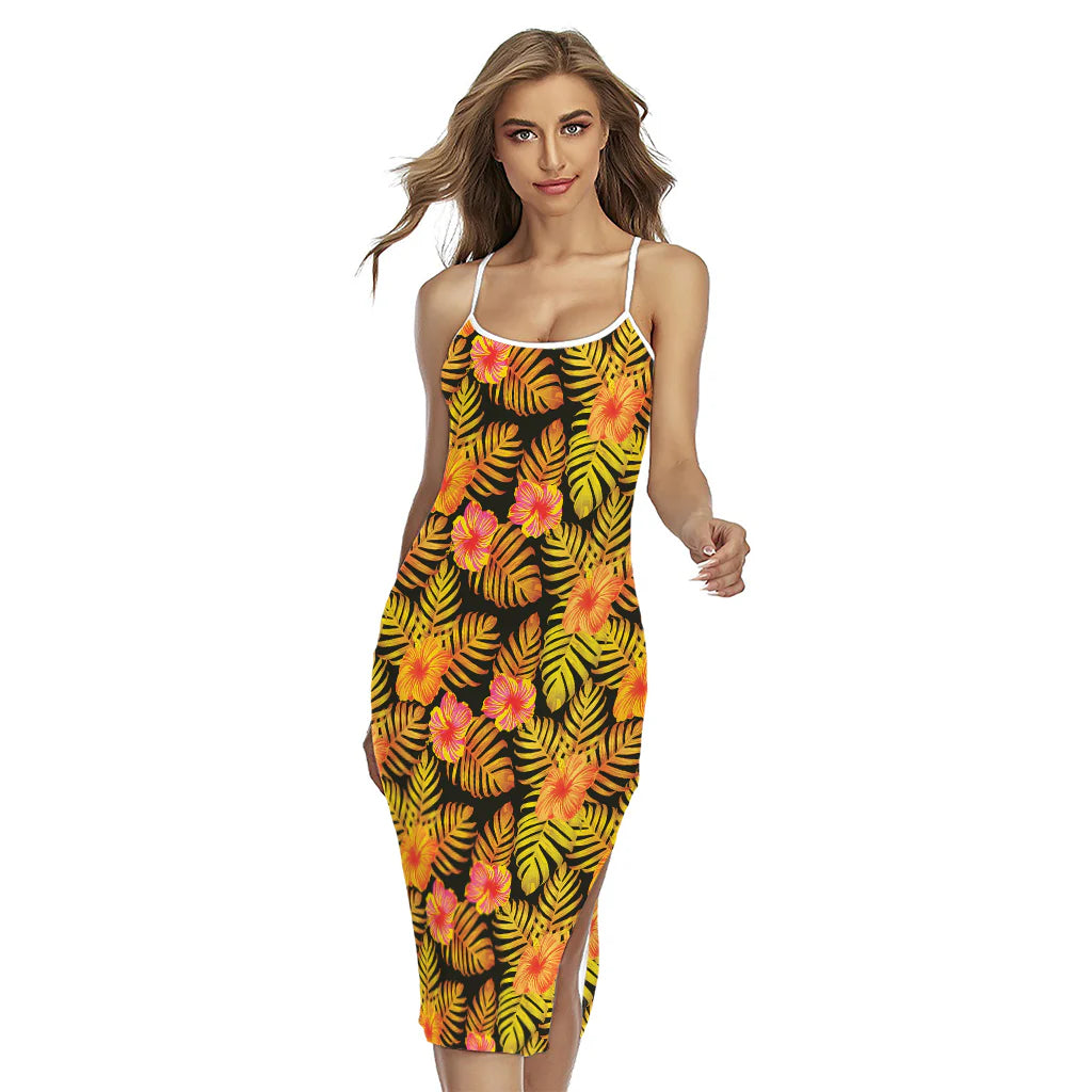 Yellow Hawaiian Tropical Pattern Print Cross Back Cami Dress