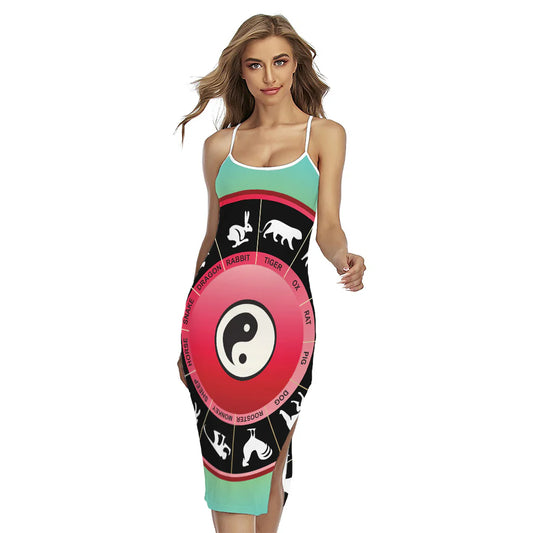 Yin Yang Chinese Zodiac Signs Print Cross Back Cami Dress