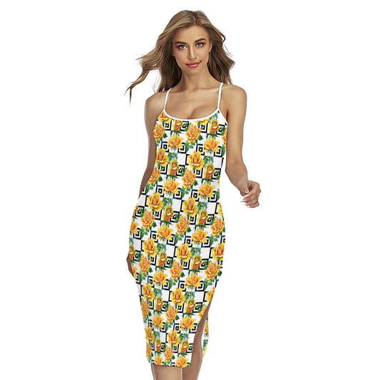 Yellow Watercolor Rose Print Cross Back Cami Dress