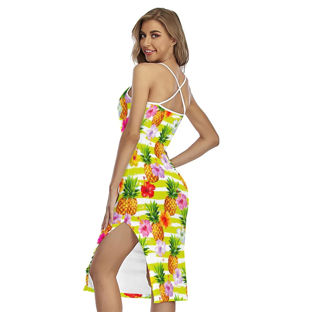 Yellow Striped Pineapple Pattern Print Cross Back Cami Dress