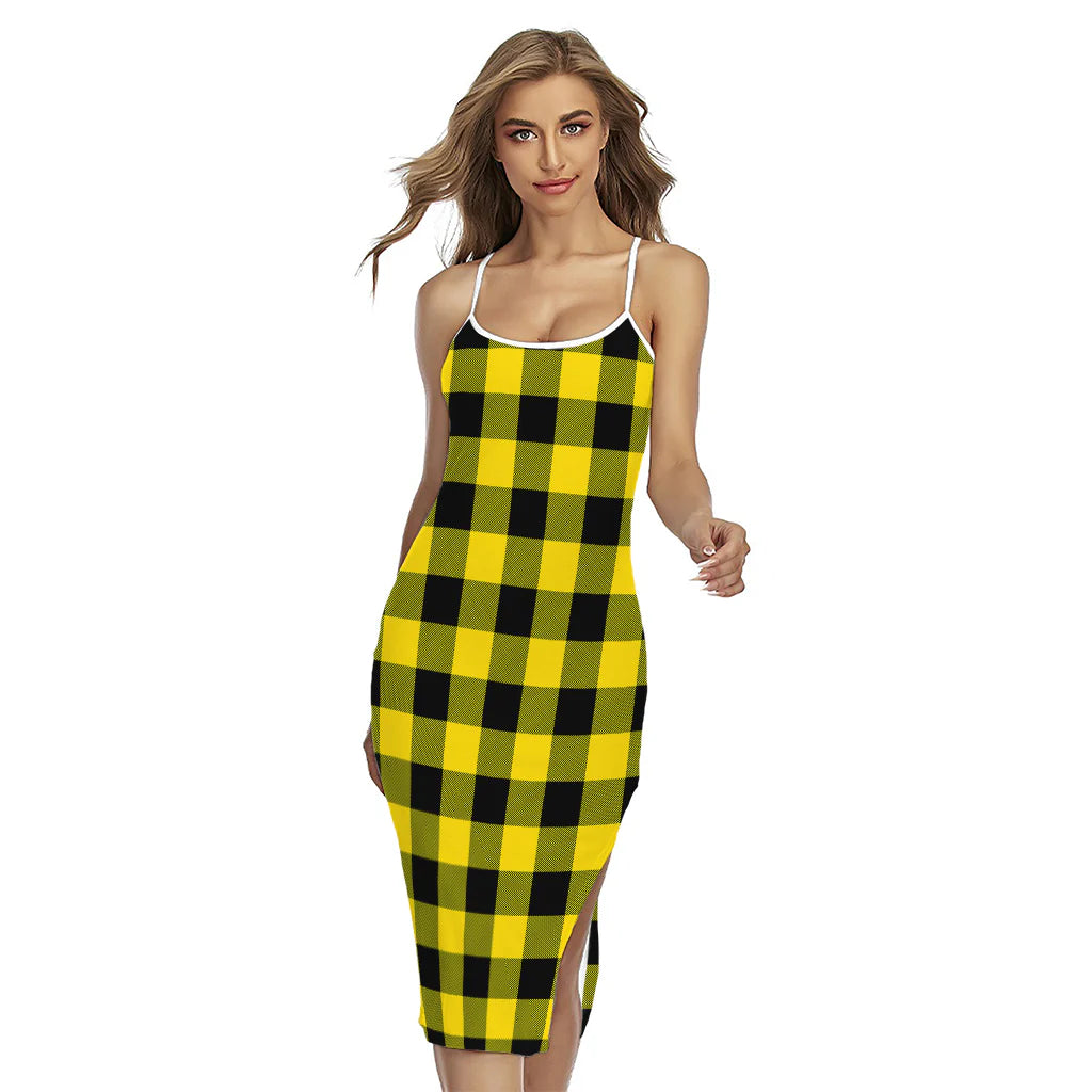 Yellow And Black Buffalo Check Print Cross Back Cami Dress
