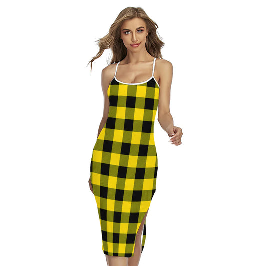 Yellow And Black Buffalo Check Print Cross Back Cami Dress