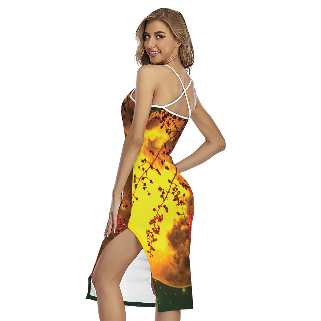 Yellow Full Moon Print Cross Back Cami Dress
