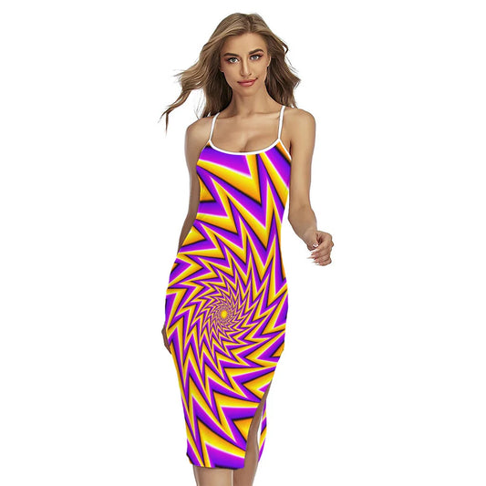 Yellow Big Bang Moving Optical Illusion Cross Back Cami Dress