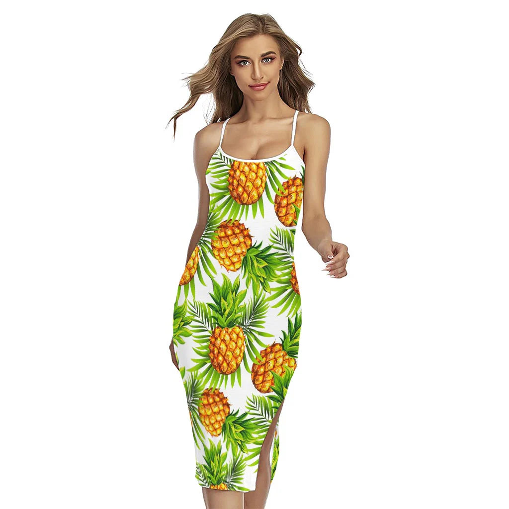 White Tropical Pineapple Pattern Print Cross Back Cami Dress